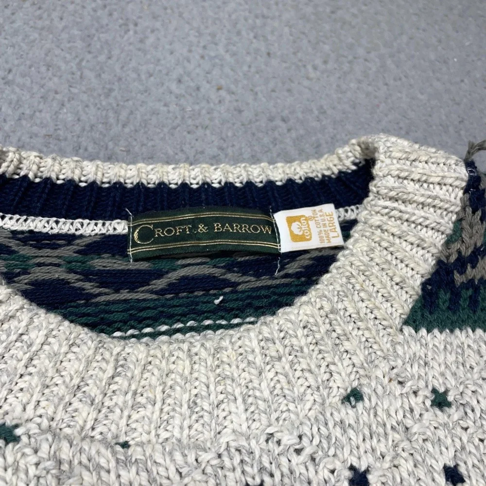 Croft & Barrow Sweater Mens‎ Large White Cotton Fair Isle Knit Crewneck Pullover